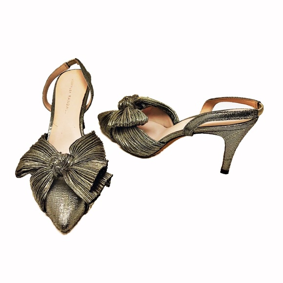 Loeffler Randall Gold Metallic Slingback Pleated Bow Heels 8.5